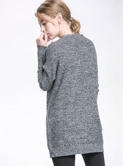 Casual Solid Color V-neck Zip-up Knitted Sweater