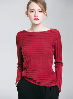 Pure Color Striped Off The Shoulder Knitted Sweater