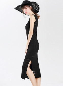 Sexy Black Sleeveless Bodycon Dress With See-through Look