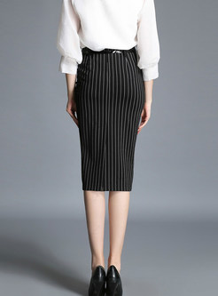Stylish Striped Slit Sheath Pencil Skirt