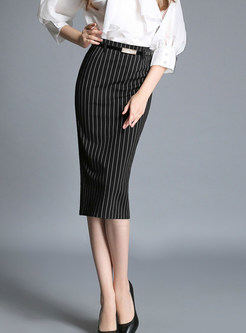 Stylish Striped Slit Sheath Pencil Skirt