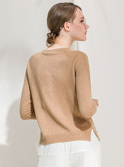 Casual Khaki O-neck Wool Knitted Sweater With Split