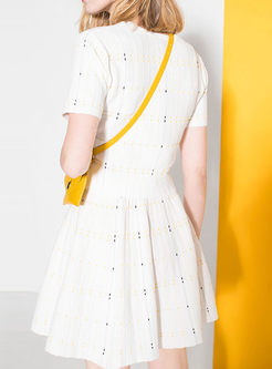 Elegant Polka Dot O-neck Short Sleeve Knitted Top & High Waist Mini Skirt