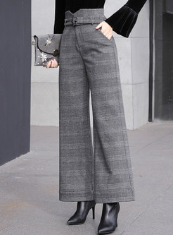 Fashion Woollen Belted Plaid Straight Long Pants