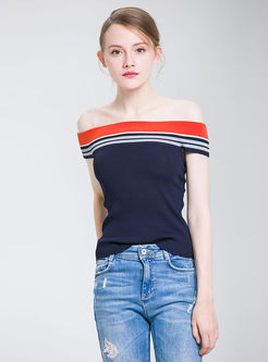 Sexy Striped Splicing Hollow Out Slim Knitted T-shirt
