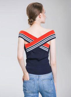 Sexy Striped Splicing Hollow Out Slim Knitted T-shirt