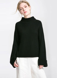 Pure Color High Neck Flare Sleeve Pullover Sweater