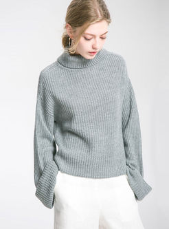 Solid Color High Neck Flare Sleeve Loose Sweater