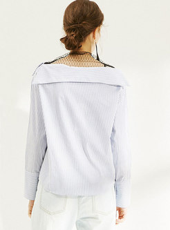 Chic Blue Embroidered Pinstriped Straight Chiffon Blouse
