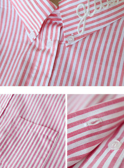 Chic Pink Three Quarters Sleeve Pinstriped Blouse