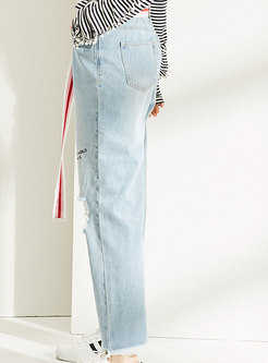 Light Blue Embroidered Flare Pants With Tassel Edge