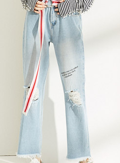 Light Blue Embroidered Flare Pants With Tassel Edge