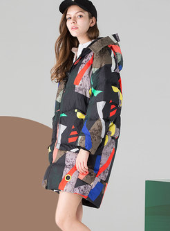 Fashion Hooded Printed Loose Down Coat With Side Pockets