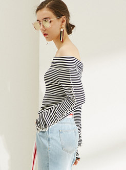 Chic Off Shoulder Striped Top With Beaded Decoration
