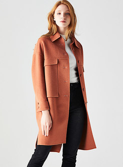 Casual Light Pink Solid Turn-down Collar Straight Coat 