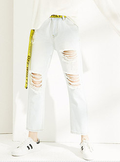 White Distressed Denim Frayed Pants With Ripped detailing 