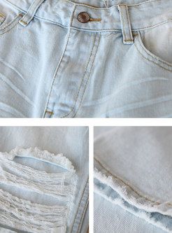 White Distressed Denim Frayed Pants With Ripped detailing 
