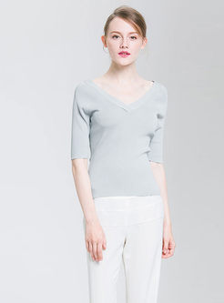 Brief Pure Color V-neck Half Sleeve Knitted T-shirt