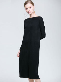 Brief Black O-neck Long Sleeve Slit Knitted Dress