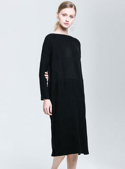 Brief Black O-neck Long Sleeve Slit Knitted Dress