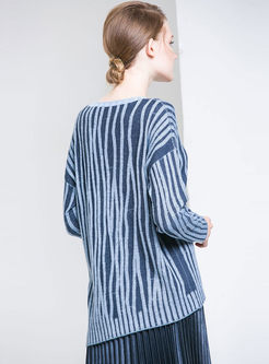 Striped Mock Neck Asymmetric Hem Slit Knitted Sweater