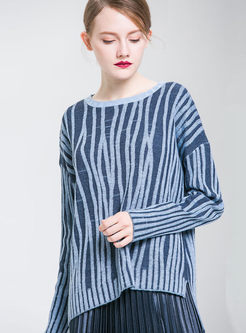 Striped Mock Neck Asymmetric Hem Slit Knitted Sweater