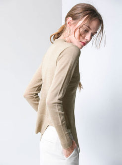 Solid Color Turtle Neck Asymmetric Slim Sweater