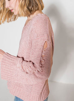 Pink Hollow Out V-neck Loose Sweater