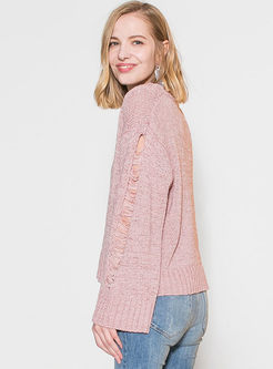 Pink Hollow Out V-neck Loose Sweater