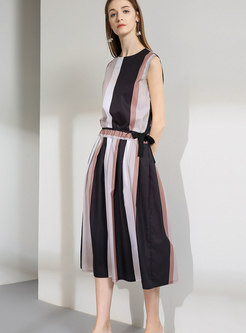 Stylish Contrast-color Striped Cold Sleeveless Dress
