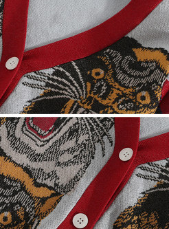 Trendy Tiger Head Pattern Slim Knitted Coat