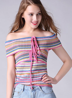 Sexy Pink Off Shoulder Multi-striped Belted Knitted Top