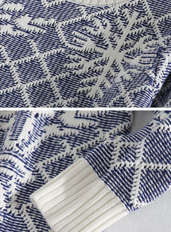 Fashion Blue High Neck Jacquard Wool Sweater
