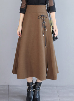 Pure Color Woollen Tied High Waist Big Hem Skirt