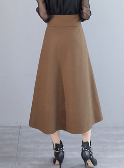 Pure Color Woollen Tied High Waist Big Hem Skirt