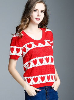 Casual Red V-neck Heart Pattern Jacquard Knitted Sweater