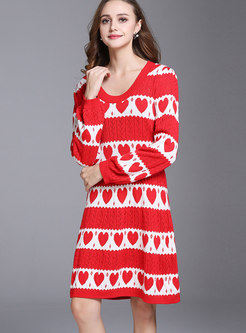 Red Crew-neck Jacquard Long Sleeve Knitted Flare Dress