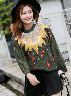 Crew-neck Embroidered All Matched Sweater With Sequin