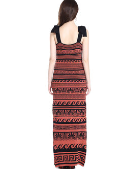 Brick Red Off Shoulder Knitted Maxi Dress With Split