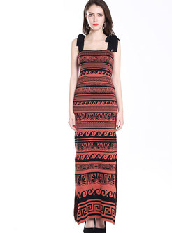 Brick Red Off Shoulder Knitted Maxi Dress With Split