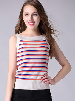  Apricot Sleeveless Striped All-match Knitted Tanks