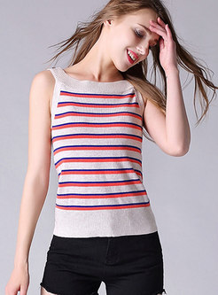  Apricot Sleeveless Striped All-match Knitted Tanks