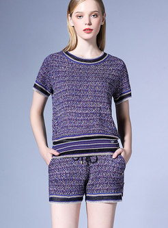 Stylish Blue Color-block Knitted Top & High Waist Shorts