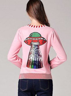 Pink Animal Pattern Knitted Sweater With Embroidery
