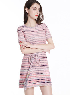 Multi-striped Short Sleeve Self-tie Knitted Flare Dress