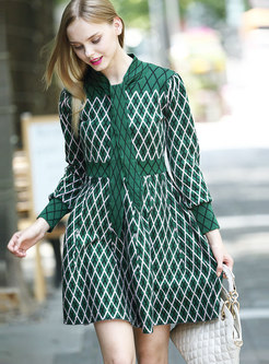 Green Tie-neck Bowknot Plaid Wool Knitted Dress