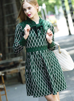 Green Tie-neck Bowknot Plaid Wool Knitted Dress