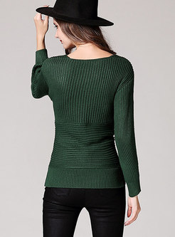 Green Cross V-neck Elastic Ribbed Long Sleeve Sweater