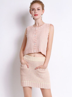 Stylish Pink Knitted Sleeveless Top & Woven Sheath Mini Skirt