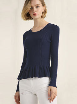 Slim Solid Color O-neck Falbala Knitted Sweater